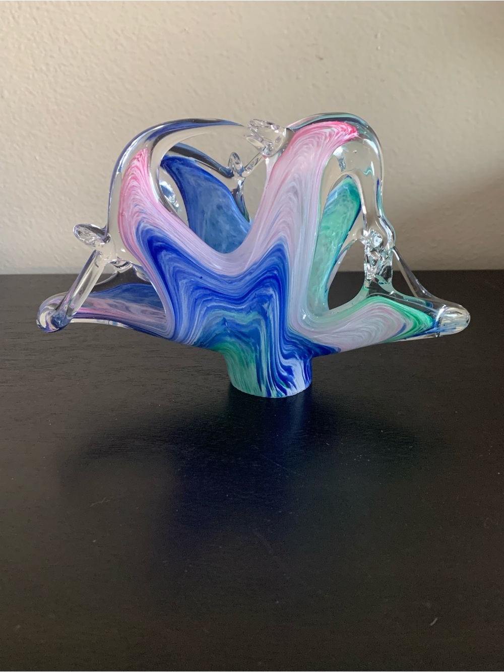 Handblown Art Glass Murano Style Napkin Letter Holder in Blue, Pink, Green Swirl